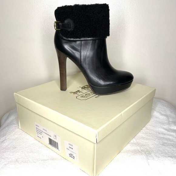 Coach Apple Vin Veg Boots Heels Leather Shearling Cuff High New Black Size 9 - Picture 1 of 16